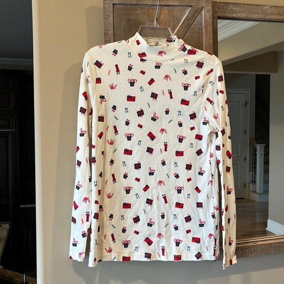 Christmas Top Mock Neck Cotton Off White Womens Medium New - Picture 3 of 8